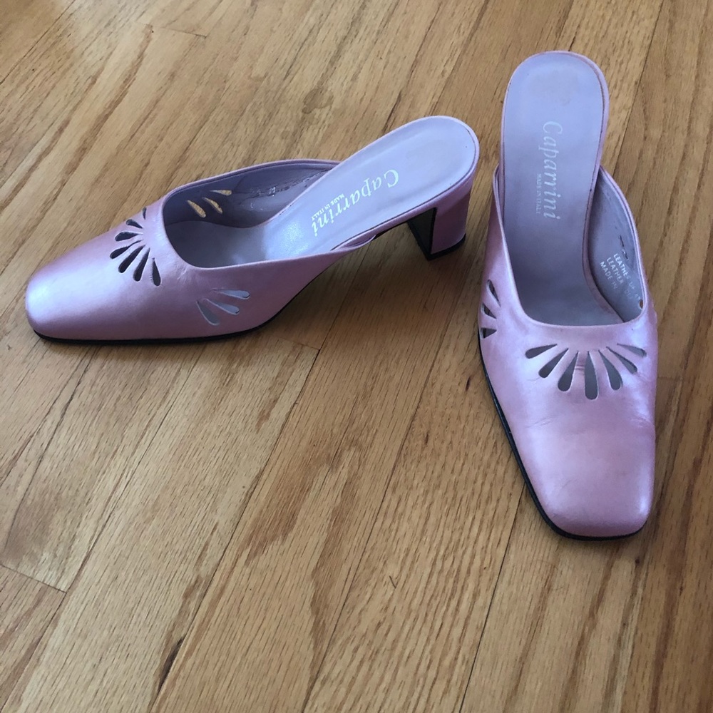 Vintage Italian Caparrini Pink Metallic Leather High Vamp Mule Heels